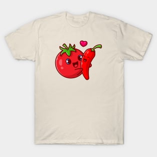 Cute Tomato Hug Chili Couple Cartoon T-Shirt